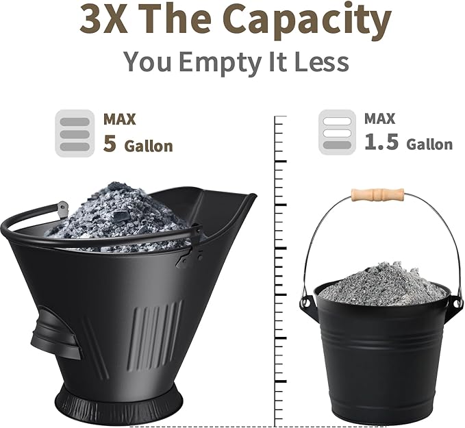 AMAGABELI GARDEN & HOME XXL 5-Gallon Ash Bucket for Fireplace Metal Coal Bucket Wood Stove Charcoal Bucket Hot Ashes Can Pail Fireside for Fire Pit Firewood Burning Indoor Outdoor Grill Hearth Tools