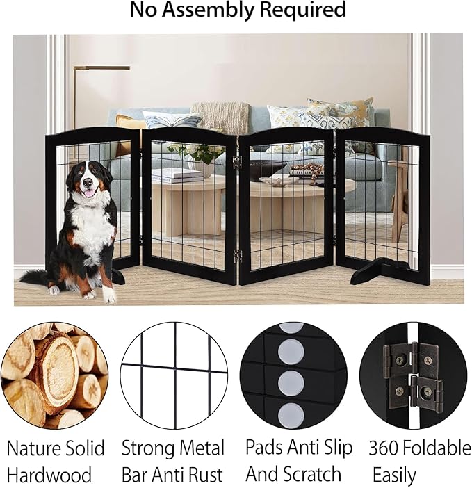 LZRS 4-Panel Freestanding Wooden Dog Gate—Extra Wide 30” Tall Foldable Pet Barrier with Support Feet, Solid Hardwood & Steel Wire Safety Gate for Doorways, Hallways, and Stairs, Black