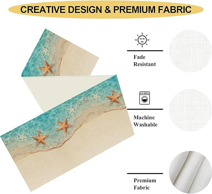 Summer Ocean Starfish Table Runner, Tropical Coastal Blue Sandy Clear Sea Water Waves Coffee Table Center Deco, for Family Kitchen and Living Room Farmhouse Party Table Decorations, 13" X 108"