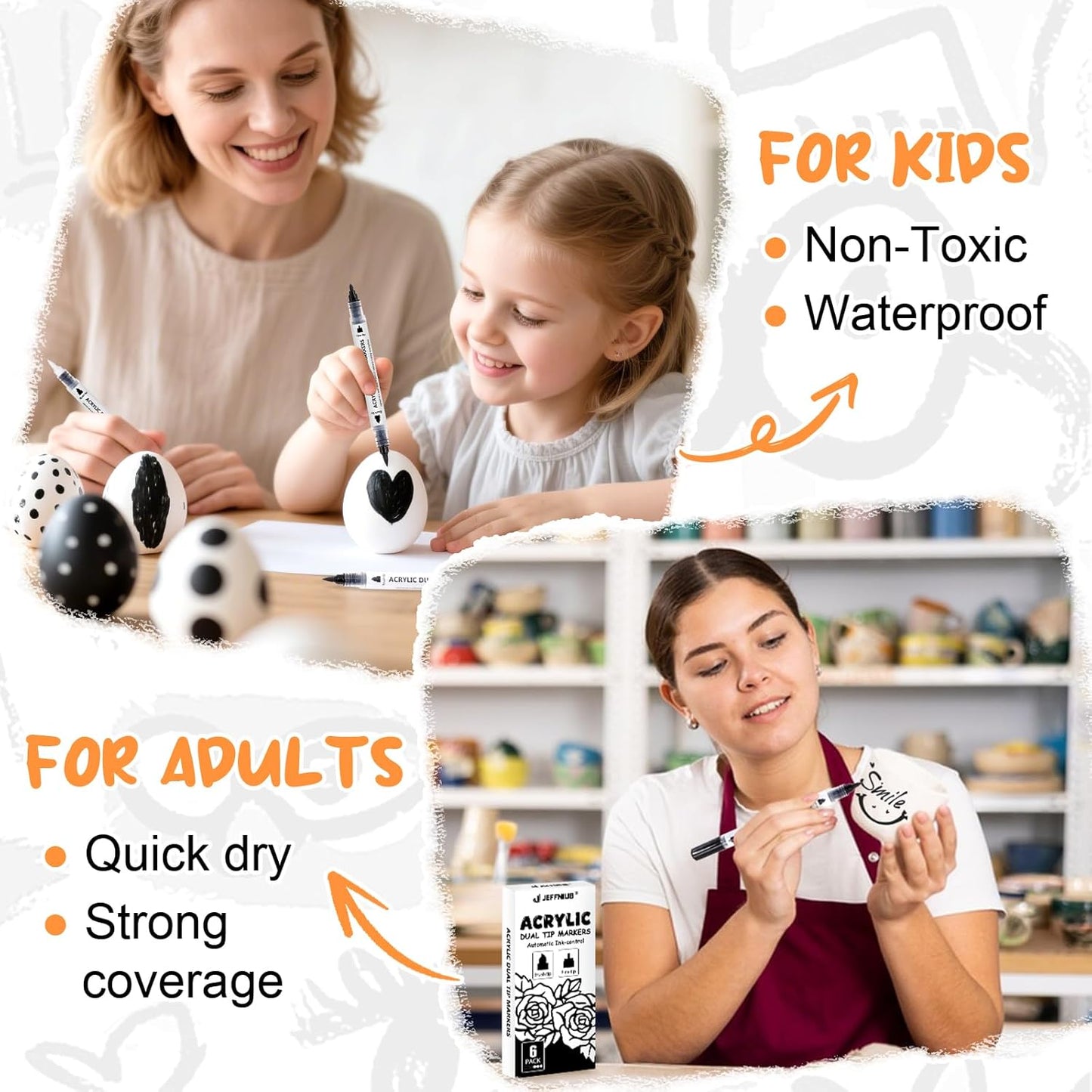 Black White Acrylic Paint Pen Brush, 6PCS Dual Tip Automatic Ink-control Acrylic Markers for Rocks, Metal, Glass, Wood, Fabric, Porcelain, Ceramic