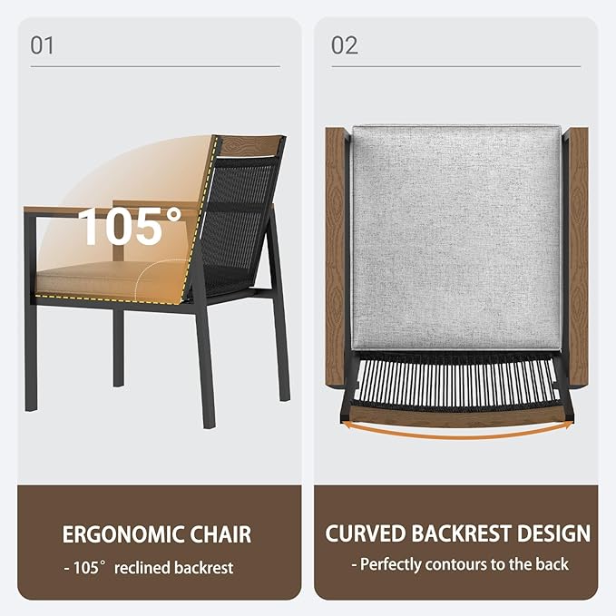 Set of 2 Outdoor Dining Chairs – Ergnomic Patio Seating with Handwoven Rope Design and Soft Cushions for Patio, Backyard, Poolside, Balcony – 350lb Weight Capacity