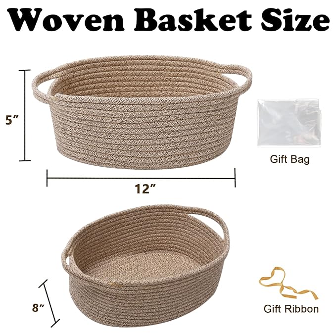 Gift Basket with Gift Bag and Ribbons,Small Rope Woven Shelf Storage,Baskets for Gifts Empty,Birthday,Baby Shower,Decorative Organizer Box with Handles(Mixed Brown)
