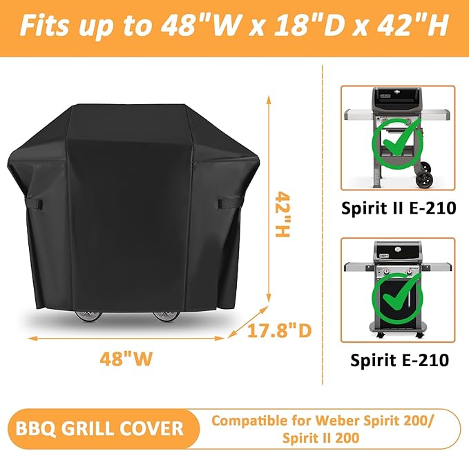 7138 Grill Cover for Weber Spirit II 200 Gas Grill, Waterproof Cover for Weber Spirit E210 and Spirit II 200 Gas Grill Models, 48 Inch Outdoor BBQ Cover for Spirit Grill