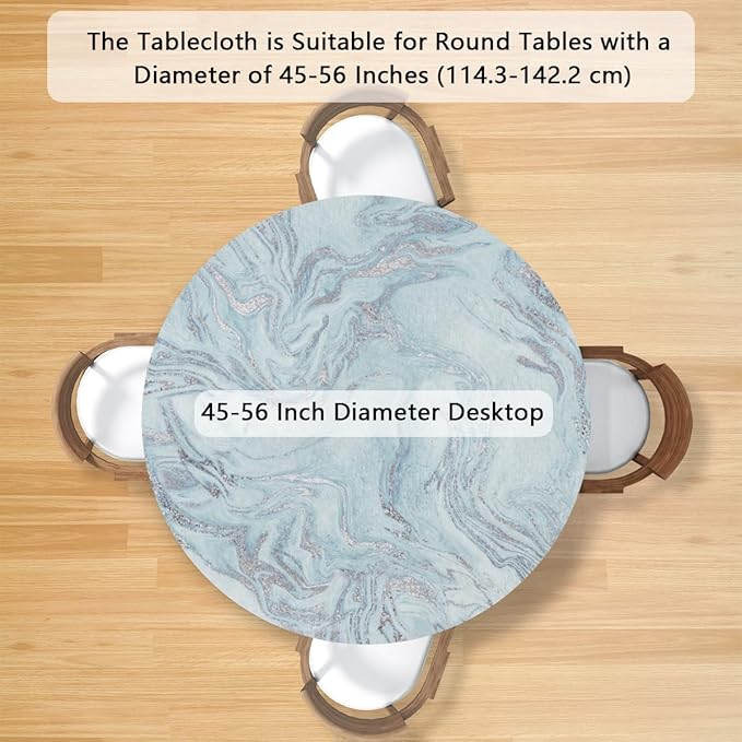 Blue Silver Marble Pattern Round Table Cloth Cover, Elastic Edge Waterproof Wipeable Tablecloths 45"-56" Polyester Tablecloth for Party Restaurant Banquet Holiday Camping Outdoor Picnic