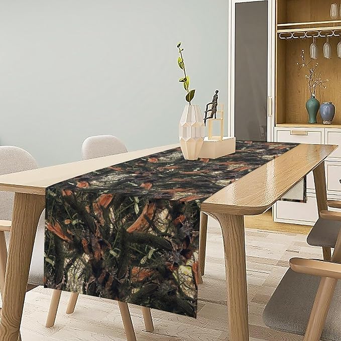 Camouflage Forest Trees Table Runner, Rustic Camouflage Hunting Camp Mossy and Oak Table Runner for Kitchen Dining Banquet Party 13x60in