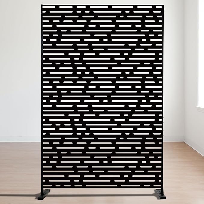 Kozyard Metal Privacy Screen 74" H x 47.2" W Decorative Outdoor Divider with Stand Panels Freestanding Screen Set for Deck Patio Balcony Garden Outdoor&Indoor (Black/Dotted Line)
