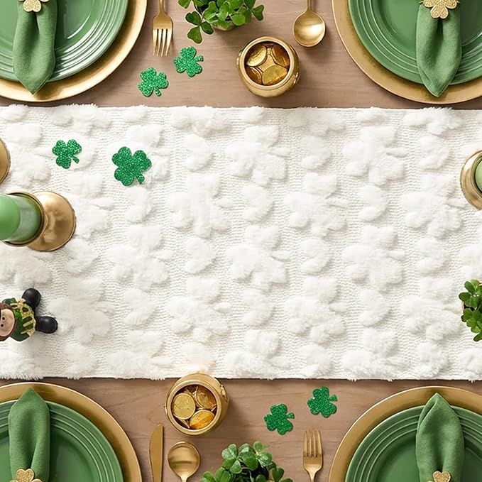 Artoid Mode White Soft Plush Faux Fur Jacquard Heart Clover St. Patrick's Day Table Runner, Seasonal Kitchen Dining Table Decoration for Home Party Decor 13x36 Inch
