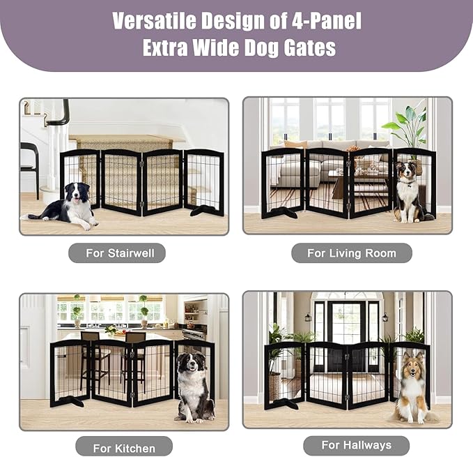 LZRS 4-Panel Freestanding Wooden Dog Gate—Extra Wide 30” Tall Foldable Pet Barrier with Support Feet, Solid Hardwood & Steel Wire Safety Gate for Doorways, Hallways, and Stairs, Black
