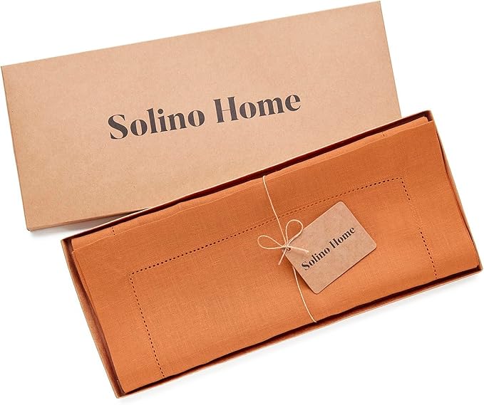 Solino Home Linen Pumpkin Table Runner 90 Inches Long - 100% Pure Linen Hemstitch 14 x 90 Inch Table Runner for Dining - Classic Hemstitch