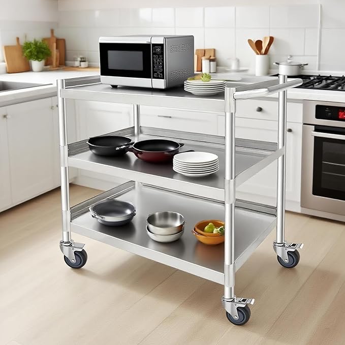 3 Tier Stainless Steel Utility Cart | Heavy Duty Metal Rolling Cart with Handle & Wheels | Ideal for Kitchen, Restaurant, Hospital, Laboratory & Home (16''x24''x34'')