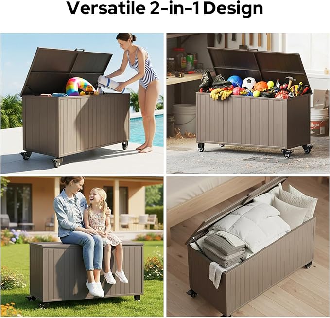 Outdoor Storage Box with Wheels 150 Gallon, Metal Deck Boxes Waterproof, UV Resistant Patio Storage Box with Lid for Patio Furniture, Garden Tools (Brown)