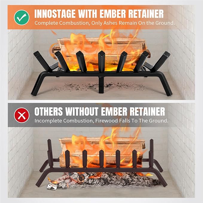 INNO STAGE Fireplace Grates with Ember Retainer - 24 Inch Fireplace Log Grate, Wood Stove Grate, Firewood Wood Log Holder Rack,Inside Wrought Cast Iron Fire Grate for Hearth Indoor Outdoor Camping