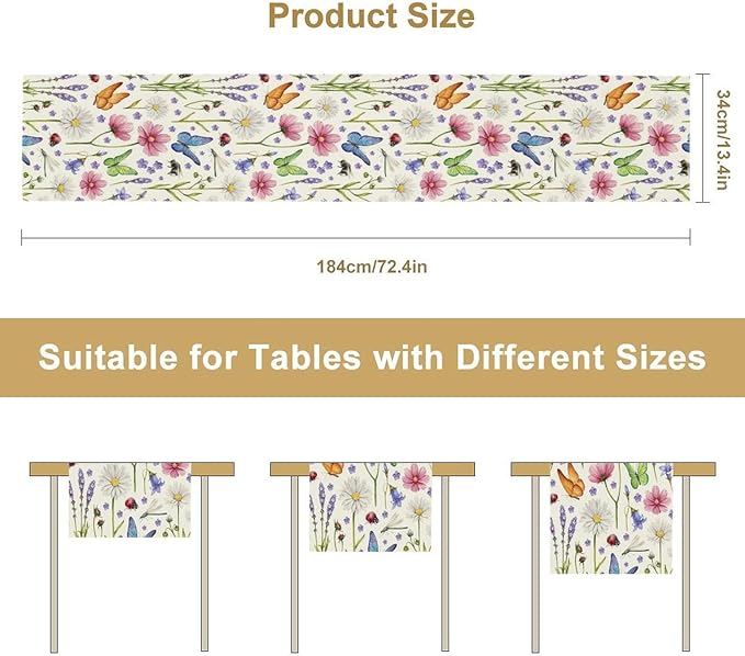 Flower Floral Table Runner, Butterfly Wildflowers Daisy Spring Summer Rustic Table Runner for Farmhouse Holiday Kitchen Dining Outdoor Home Party 13x60in