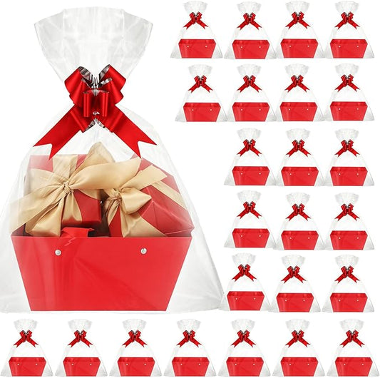 PerKoop 24 Pack Baskets for Gifts Empty Bulk 6.5 x 9.8'' Thick Kraft Gift Basket with Bows and Bags Empty Gift Baskets for Valentine's Day Easter Birthdays Wedding Snacks Farmers Market(Red)