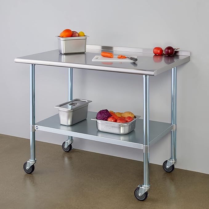 ROCKPOINT Stainless Steel Table for Prep & Work with Backsplash and Caster 30x48 Inches, NSF Metal Commercial Kitchen Table with Adjustable Under Shelf and Table Foot for Restaurant, Home and Hotel