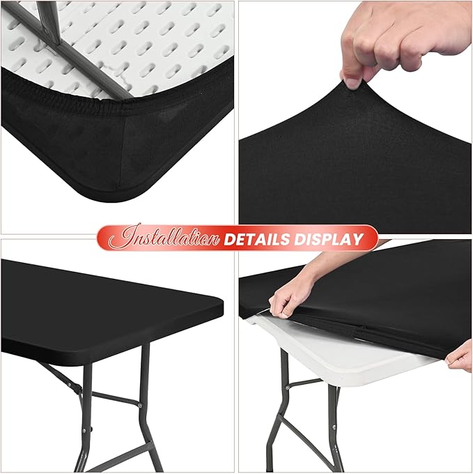6 Pack Stretch Fabric Table Top Cap Cover, fits 8Ft Tables, Spandex Table Covers Washable Elastic Universal Rectangle Tablecloth Protector for Indoor Outdoor Party Picnic Wedding, Black, 30" W x 96" L