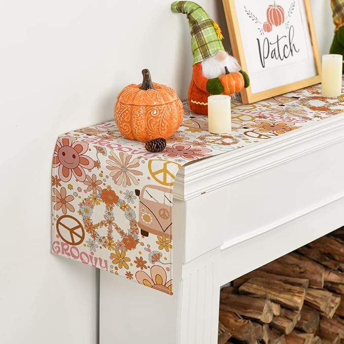 Artoid Mode Daisy Flower Peace and Love Table Runner, Wreath Float Groovy Kitchen Dining Table Decoration for Outdoor Home Party 13x72 Inch