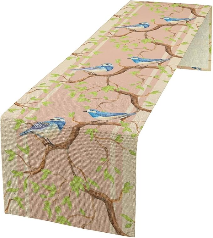 Watercolor Birds Table Runner,Spring Blue Bird Green Tree Table Runner for Kitchen Dining Table Holiday Farmhouse Home Party Decor 13x70in