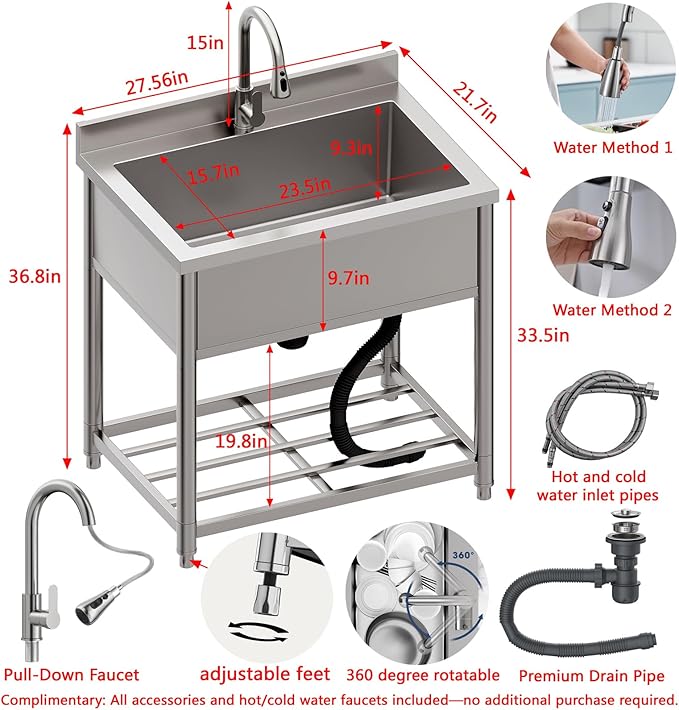 Stainless Steel Utility Sink, Large Freestanding Kitchen Sink with Pull-out Faucet for Commercial Restaurant, Bathroom, Laundry Room, Garage, Outdoor/Indoor, Pet Cleaning, D21.65 x W27.55 x H36.61 in