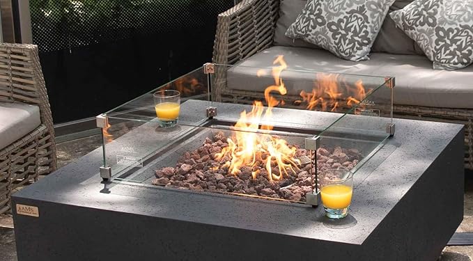 AMS Fireplace | Rectangular Fire Pit Glass Wind Guard for Brooklyn Fire Pit (Dark Gray) | Shielded from Patio Heater Flames | Tempered Glass with Polished Edges for Safety | Fire Table Glass Shield