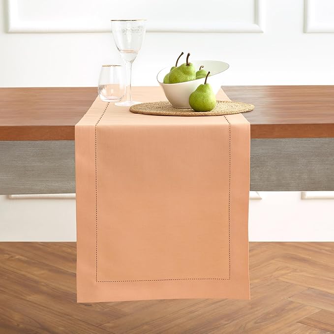 Solino Home Cotton Linen Table Runner 48 Inches - Peach Bloom Hemstitch Table Runner 14 x 48 Inch Ideal for Dresser and Coffee Tables, Valentines, Spring, Easter