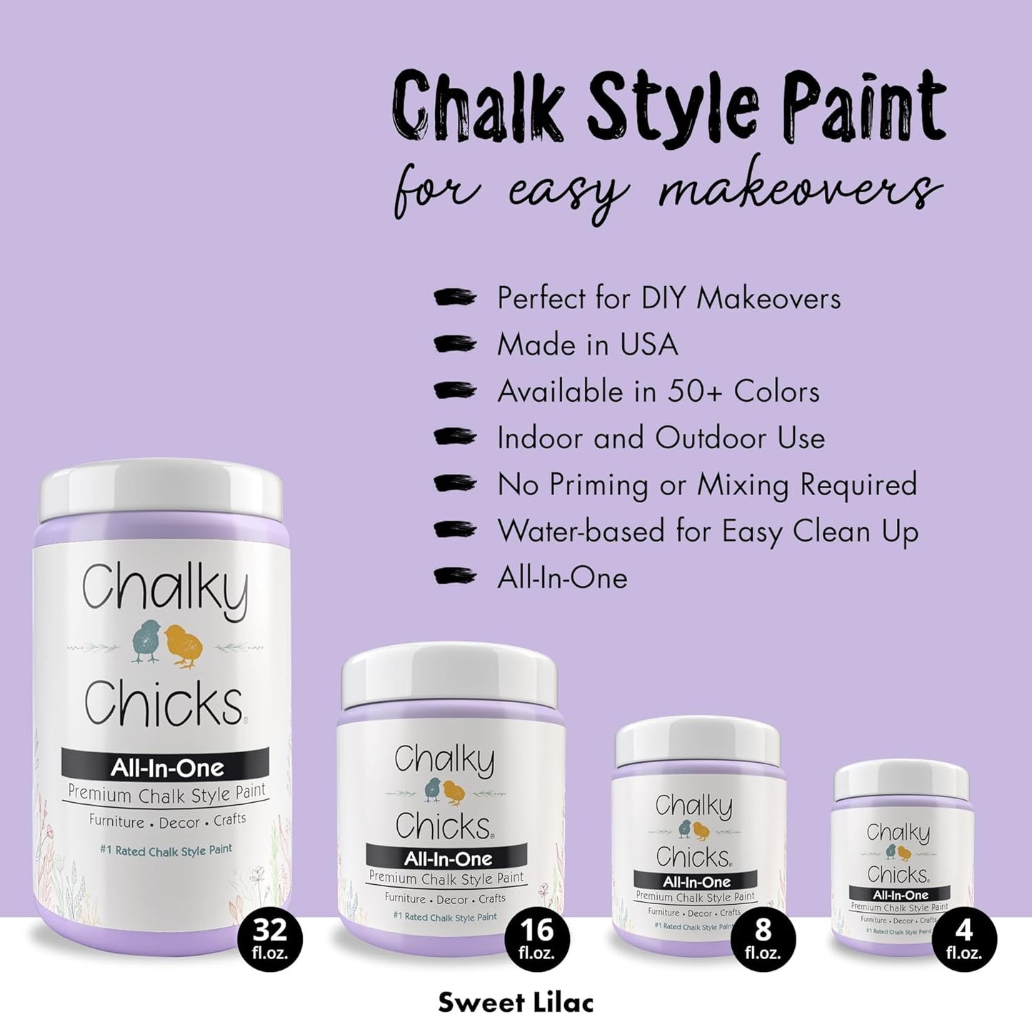 Chalky Chicks All-in-One Chalk Paint for Furniture or Cabinet - 4Fl Oz-Matte Finish Sweet Lilac (Light Purple) for Metal, Wood Furniture Paint - No Sanding All-in-One for Home Decor & Crafts, USA Made