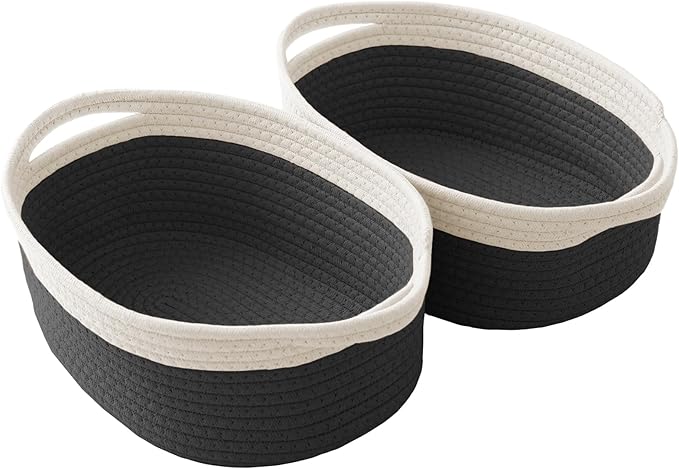 Woven Basket, Small Rope Storage Bin with Handles & Ribbon Bag, Organizer for Shelves Closets,Gift Basket Empty for Birthday,Books,Dog Toys,White&Black/2 Pack