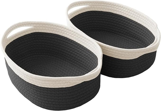 Woven Basket, Small Rope Storage Bin with Handles & Ribbon Bag, Organizer for Shelves Closets,Gift Basket Empty for Birthday,Books,Dog Toys,White&Black/2 Pack