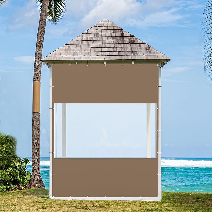 Domi Heavy Duty Outdoor Clear Panel Curtain, 18 oz Waterproof PVC Polyester Curtain, Weather Resistant & Tearproof for Patios, Gazebos, Pergolas, Privacy Screen (10'H x 7'W, Brown)