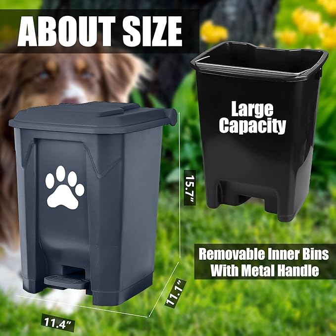 tebiete Dog Poop Trash Can Outdoors Pet Waste Station with Lid Dog Waste Disposal Container with Removable Inner Bin Bucket Hands-Free Pedal Garden Yard Home with 5Rolls Waste Bags, Grey