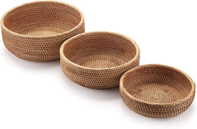 Round Rattan Fruit Baskets Woven Storage Bowls Key Holder Stackable for Shelf Kitchen Tabletop Natural Set of 3