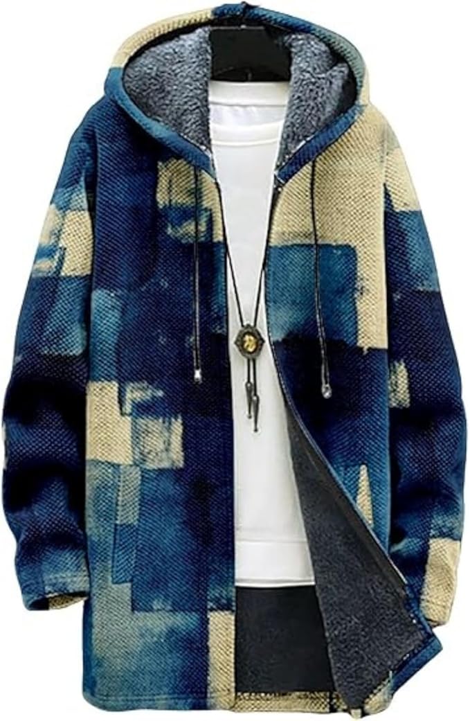 Men's Hooded Sweater Coat Knit Fleece Lined Long Cardigan Jacket with Zip Front Pocket Vintage Casual Zip Up