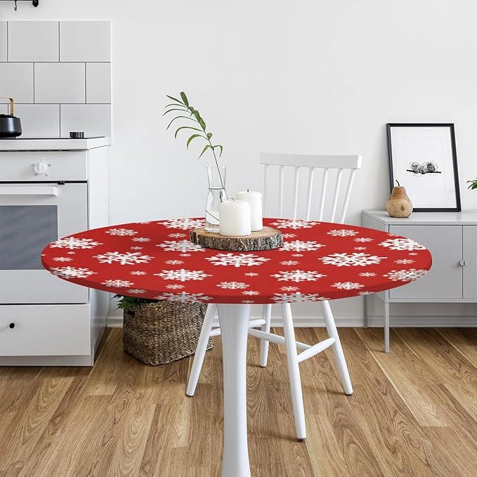 Christmas Snowflake Red White Round Table Cloth Cover, Elastic Edge Waterproof Wipeable Tablecloths 36"-42" Polyester Tablecloth for Party Restaurant Banquet Holiday Camping Outdoor Picnic