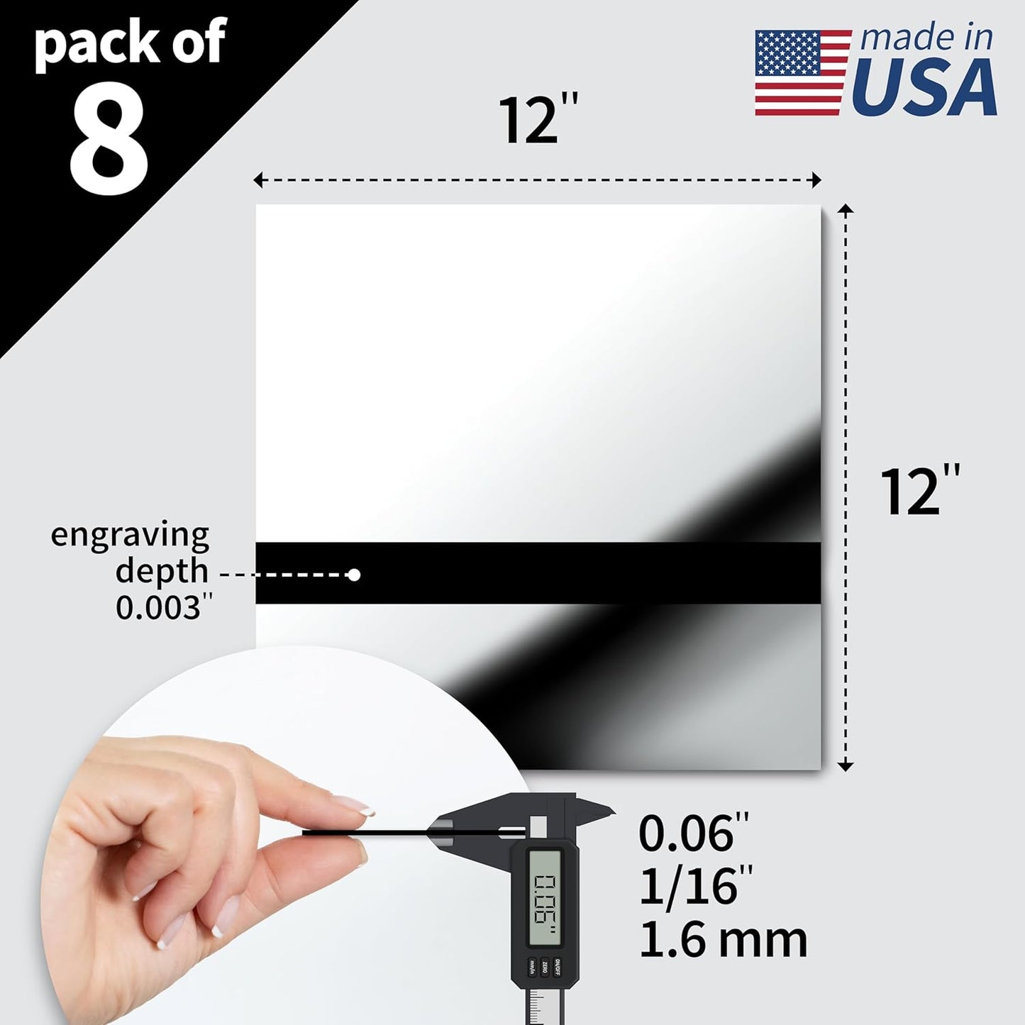 Trotec | Metallic Looking Acrylic Sheet | 12"x12"x1/16, 8 Pcs | Bright Chrome/Black | Metallic Finish - Scratch Resistant for Laser Engraving & Cutting,Printing,Glowforge,Name Plate | USA Made