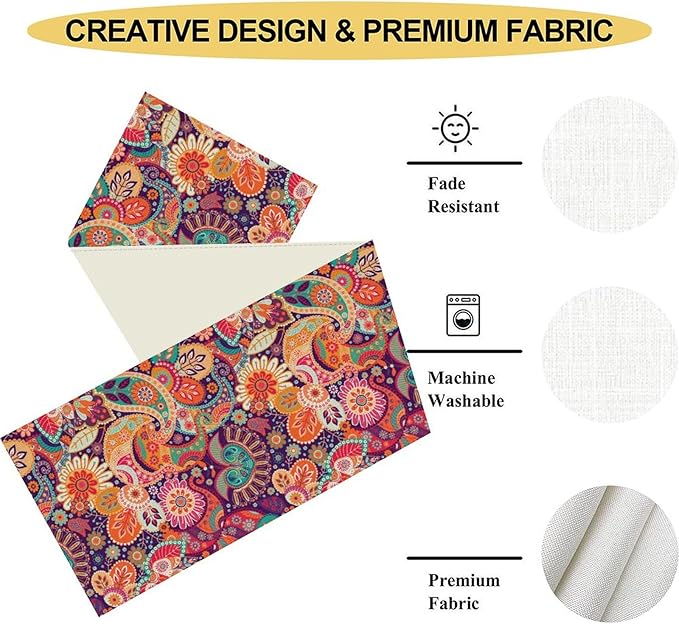Purple Paisley Table Runner, Rustic Damask Antique Floral Flower Retro Boho Mandala Indian Bohemian Vintage Table Center Decor for Family Kitchen and Living Room Country Table Decorations, 13" X 72"