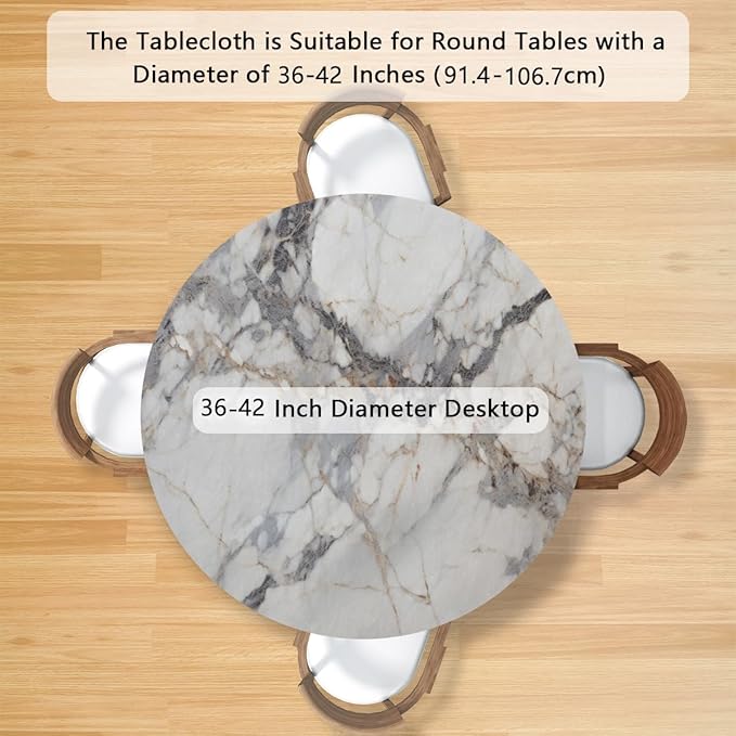 Natural Marble Texture Round Table Cloth Cover, Elastic Edge Waterproof Wipeable Tablecloths 36"-42" Polyester Tablecloth for Party Restaurant Banquet Holiday Camping Outdoor Picnic