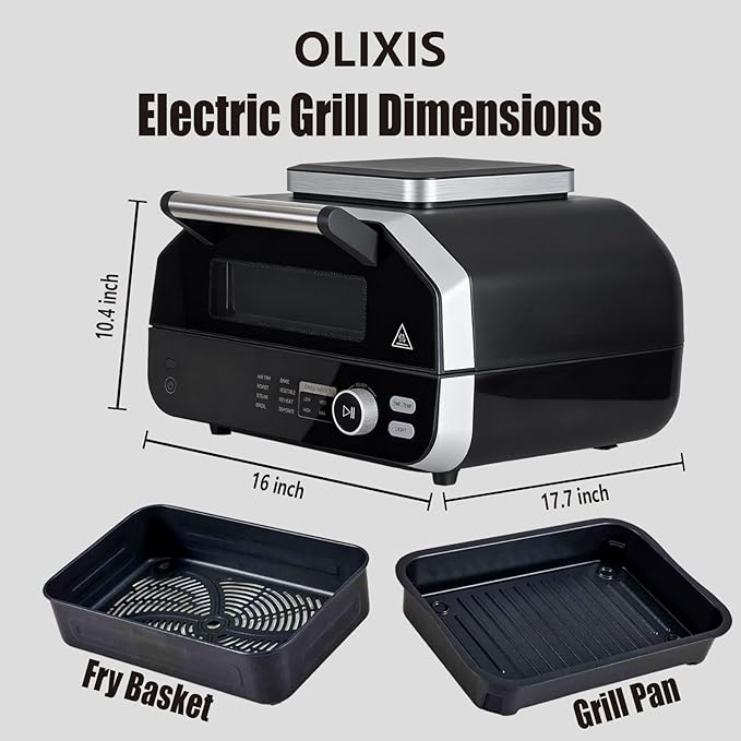 OLIXIS Electric Grill Outdoor/Indoor, 8-in-1 Multifunctional Large Electric BBQ Grill for Air Fry, Bake, Roast, Steak, Broil and Dehydrate, Safe Non-Stick Coating, Fry Basket Included