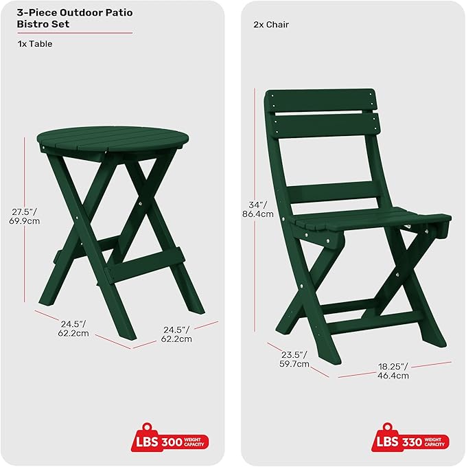 Costaelm Paradise 3-Piece Outdoor HDPE Folding Patio Bistro Table and Chairs, Dark Green