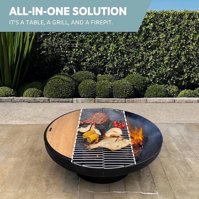 DENKOE 32 Inch Round Fire Pit Table with Fire Pit Grill, Extra Thick, Heavy Duty Fire Bowl, Deep Outdoor Firepit, Wood Burning Firepits for Outside Patio, Backyard Fire Pits, Large BBQ Pit