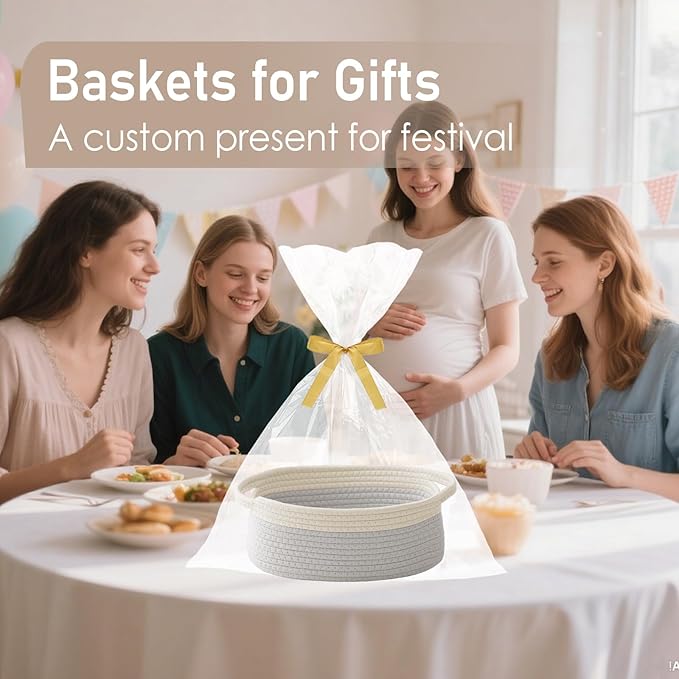 Woven Basket,Small Rope Storage Bin with Handles & Ribbon Bag, Organizer for Shelves Closets,Gift Basket Empty for Birthday,Books,Dog Toys, White&Grey/3 Pack
