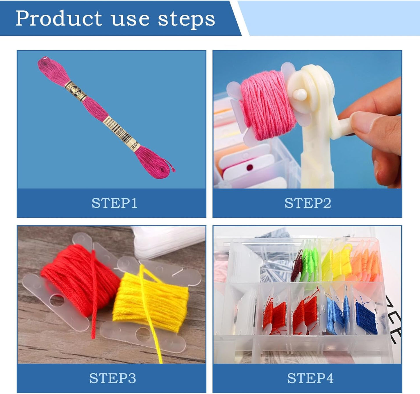 Embroidery Floss Organizer with 24 Compartments - Cross Stitch Thread Storage Box Includes 100 Plastic Bobbins, Stickers, Bobbin Winder for DIY Sewing Crafts