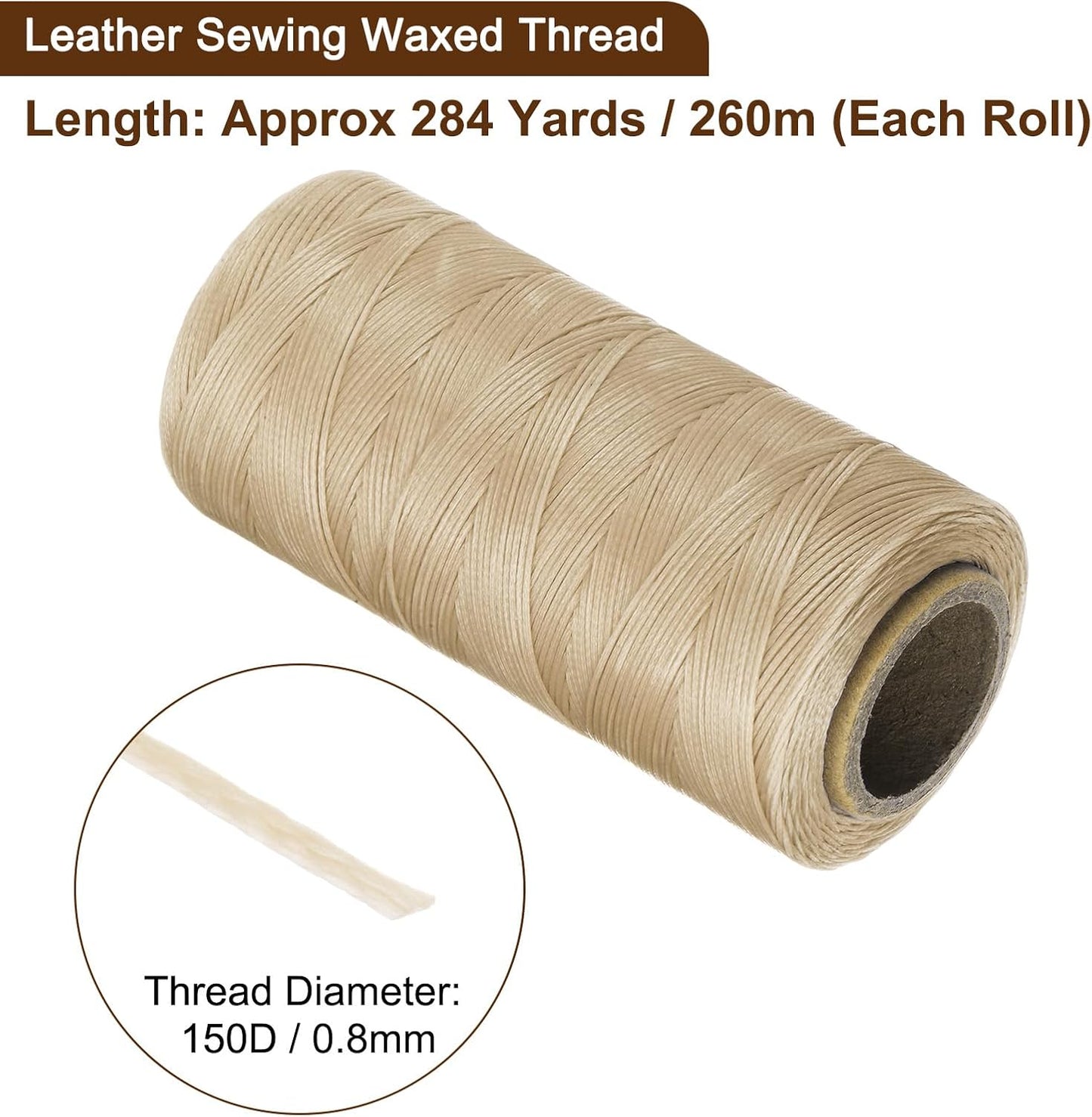 uxcell 150D 0.8mm Flat Waxed Thread 284 Yards Polyester Leather Sewing Waxed String Hand Stitching Waxed Cord for Leather Stitching Sewing Bookbinding DIY Craft Light Khaki