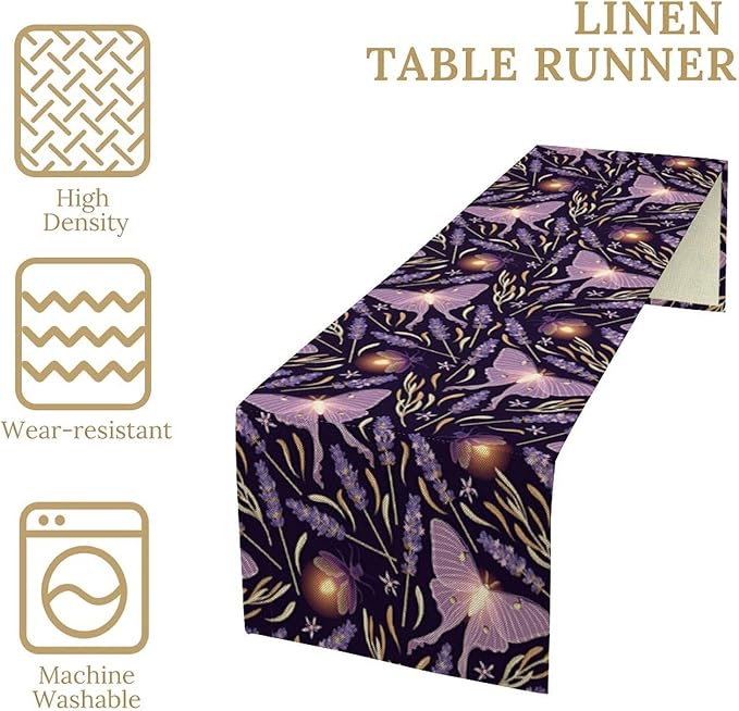Purple Moth Table Runner,Retro Butterfly Flower Print Table Runner for Wedding Holiday Indoor Outdoor Party Home Decor 13x36in