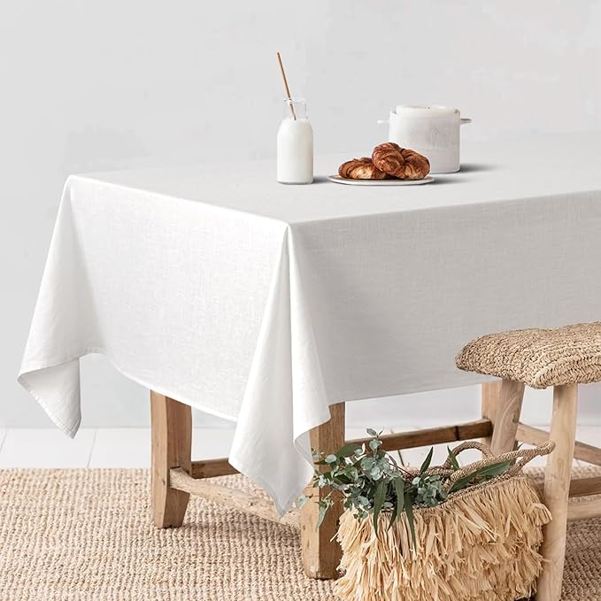 MIULEE White Linen Cotton Blend Tablecloth Rectangle, Luxury Waterproof Stain Resistant Durable Farmhouse Oblong Table Cloth for Dining Party Christmas Weddings Birthday Picnic Events, 52 x 70 inch