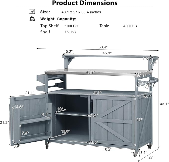 53.3" Outdoor Kitchen Island with Stainless Steel Top, Rolling Grill Cart with Adjustable Shelves, Raised Shelf, Lockable Wheels, Portable Outdoor Table and Bar Storage Cabinet for Patio