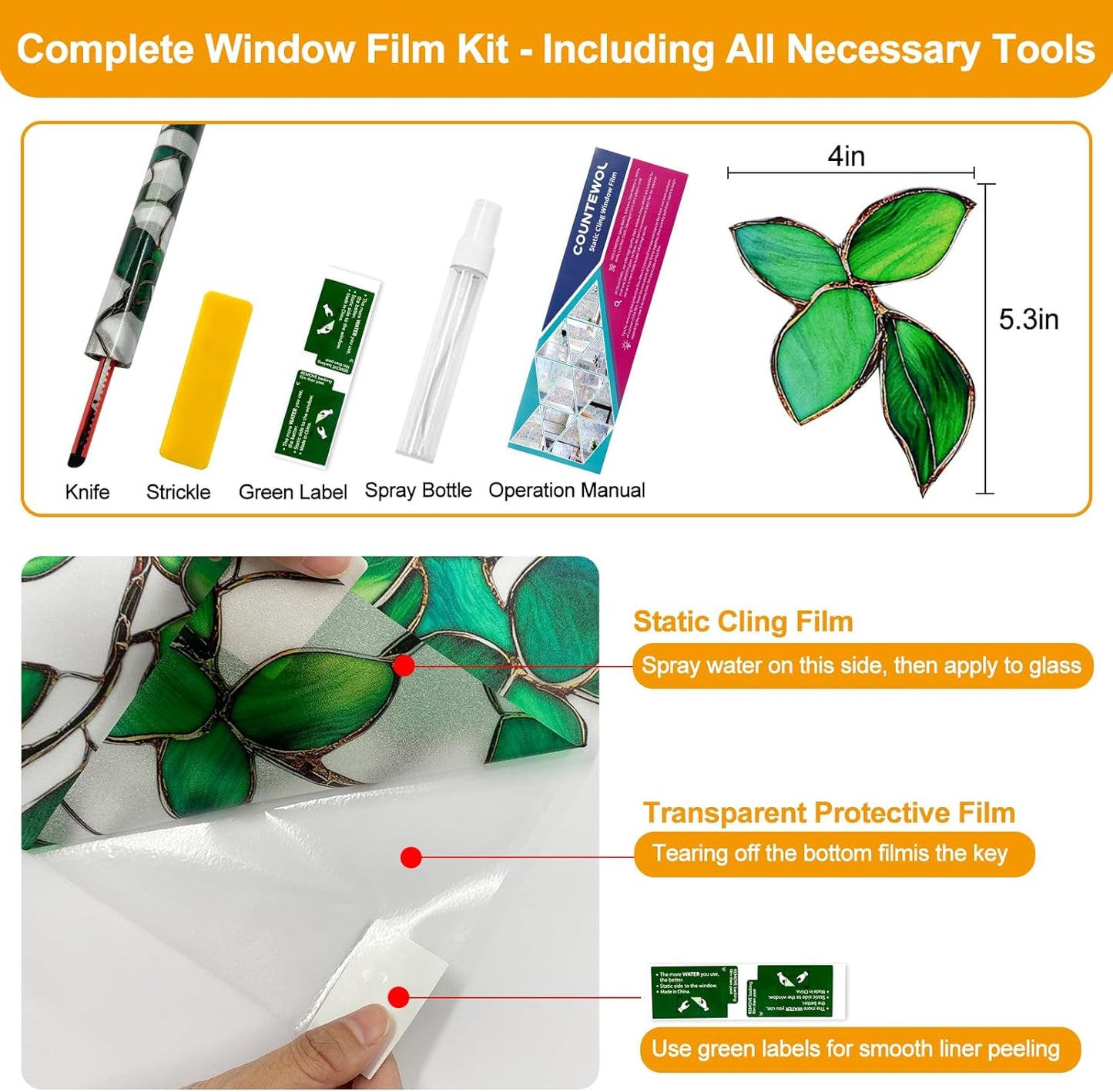 Window Privacy Film Stain Glass Window Film Rainbow Window Film Window clings Non-Adhesive Reusable Decorative for Room (Frosted Greenery Leaf, 17.5 x 78.7 in)