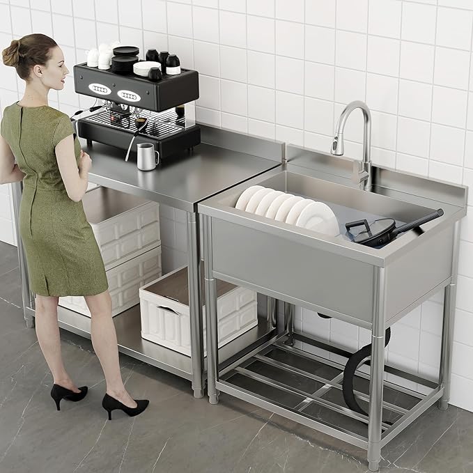 Stainless Steel Utility Sink, Large Freestanding Kitchen Sink with Pull-out Faucet for Commercial Restaurant, Bathroom, Laundry Room, Garage, Outdoor/Indoor, Pet Cleaning, D21.65 x W27.55 x H36.61 in