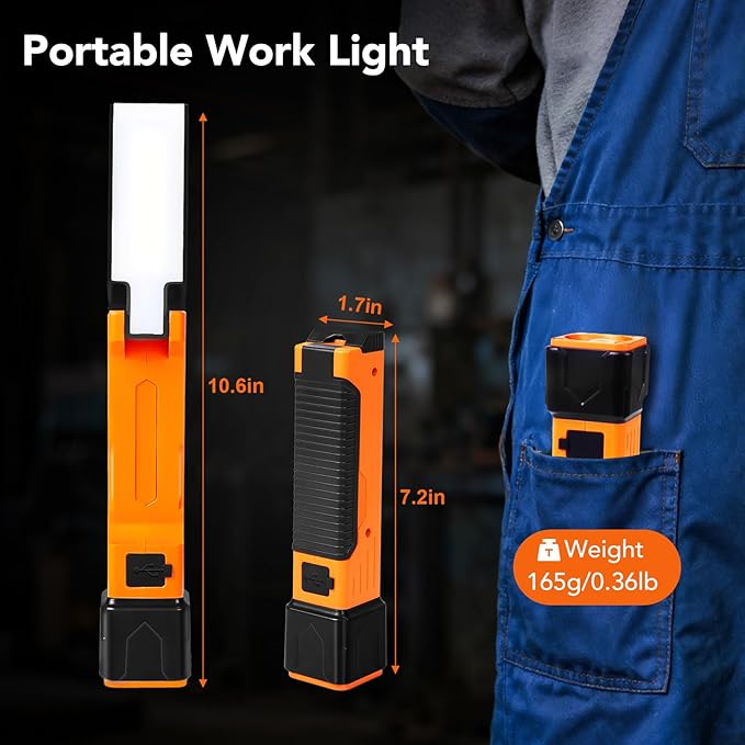 Rechargeable Work Light, 1800mAh COB Portable LED Work Light, Work Flashlight for Car Repair Machine Emergency, 4 Lighting Modes, USB C Cable, Pack of 1