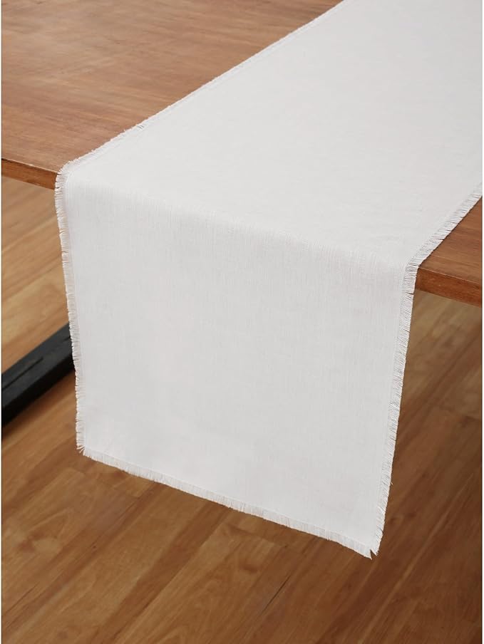 Solino Home Linen White Table Runner 36 Inches - Fringe, 100% Pure Linen Short Table Runner 14 x 36 Inch Ideal for Dresser and Coffee Tables - Winter, Valentines, Spring, Easter
