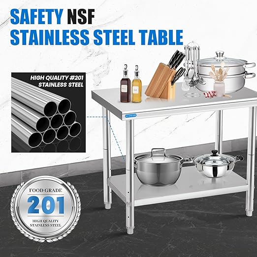 Stainless Steel Table for Prep & Work with Undershelf 24 x 36 Inches NSF Metal Commercial Kitchen Prep Table with Adjustable Under Shelf Worktable for Restaurant Home Outdoor